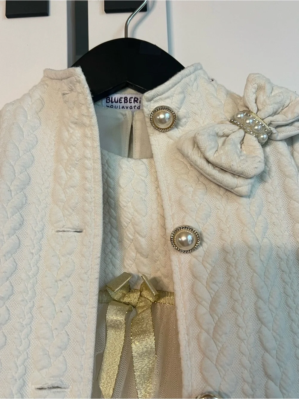 Blueberi Boulevard Cream Tulle Dress with Gold Bow